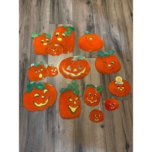 11 Vintage Felted Pumpkin Lot Orange Fuzzy Double Sided Cardboard Decorations